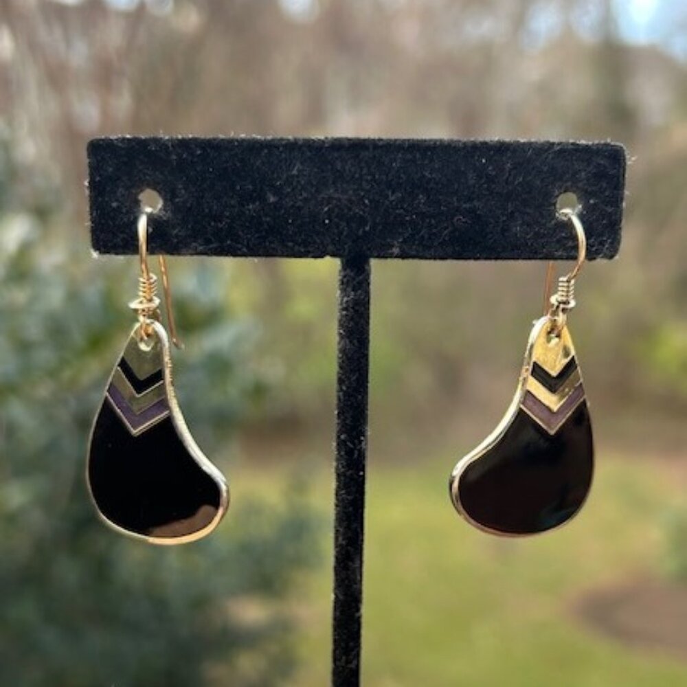LAUREL BURCH Gold Black Purple Enamel Cloisonné Earrings